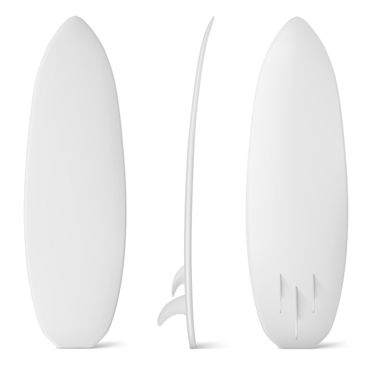 Vettore gratuito mockup di tavola da surf bianca, tavola da surf isolata con pinne, attrezzatura professionale per sport acquatici, attività di viaggio e vacanza o ricreazione estrema in mare