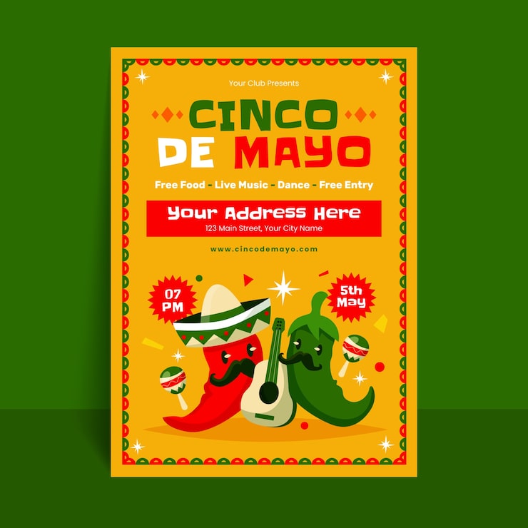 Vettore gratuito modello di poster verticale piatto per la celebrazione del cinco de mayo