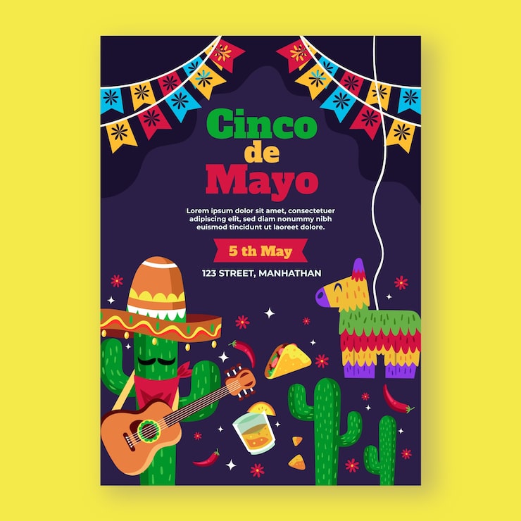 Vettore gratuito modello di poster verticale piatto per la celebrazione del cinco de mayo