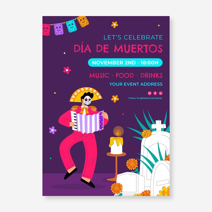 Vettore gratuito modello di poster verticale piatto per la celebrazione dia de muertos