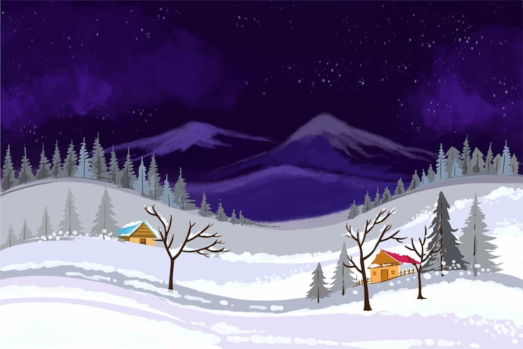 Vettore gratuito paesaggio invernale con neve di natale che cade e sfondo della carta di vacanza dell'albero
