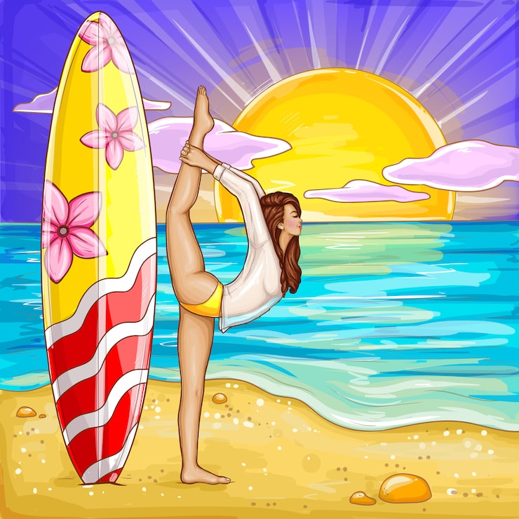 Vettore gratuito ragazza praticante il surfing di arte di schiocco che fa yoga sulla spiaggia di sabbia.