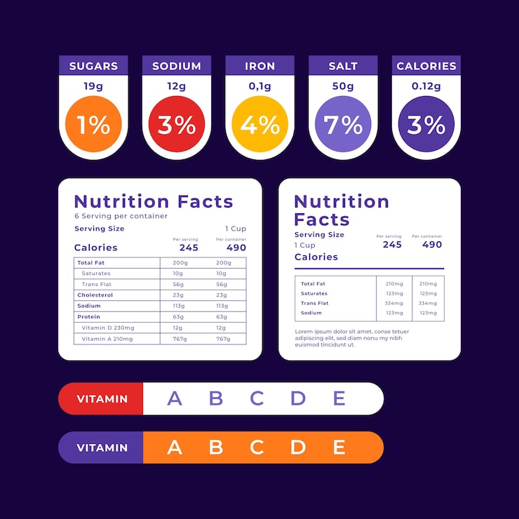 Vettore gratuito set di etichette nutrizionali design piatto