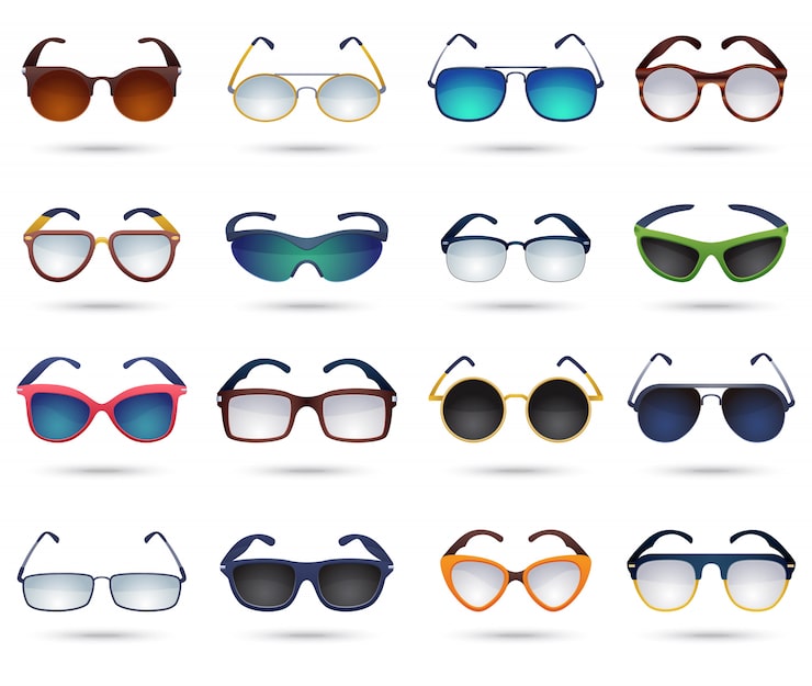 Vettore gratuito set di icone di specchio riflessione moda occhiali da sole