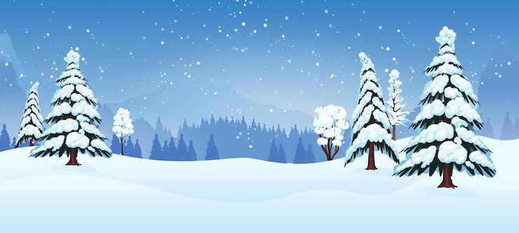 Vettore gratuito sfondio orizzontale invernale con paesaggio innevato alberi di natale e illustrazione vettoriale di cartoni animati a palla di neve