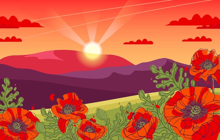 Vettore bella sera paesaggio estivo pendenza con papaveri in fiore montagne e il cielo al tramonto tra le nuvole il sole al tramonto illustrazione vettoriale per le carte poster sito web di sfondo