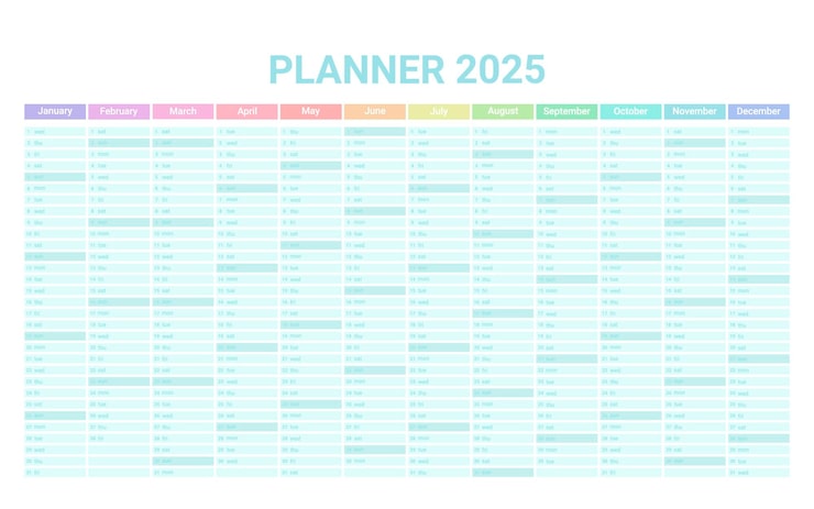 Vettore calendario inglese del 2025 con 12 mesi verticali su una pagina