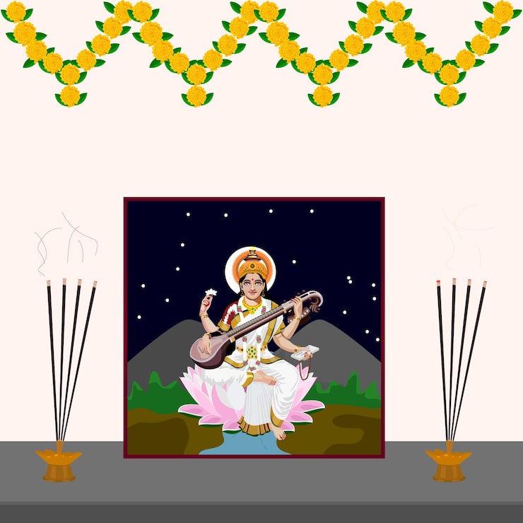 Vettore dea saraswati con veena e offerte.