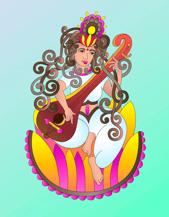Vettore disegno a mano della dea indù indiana saraswati
