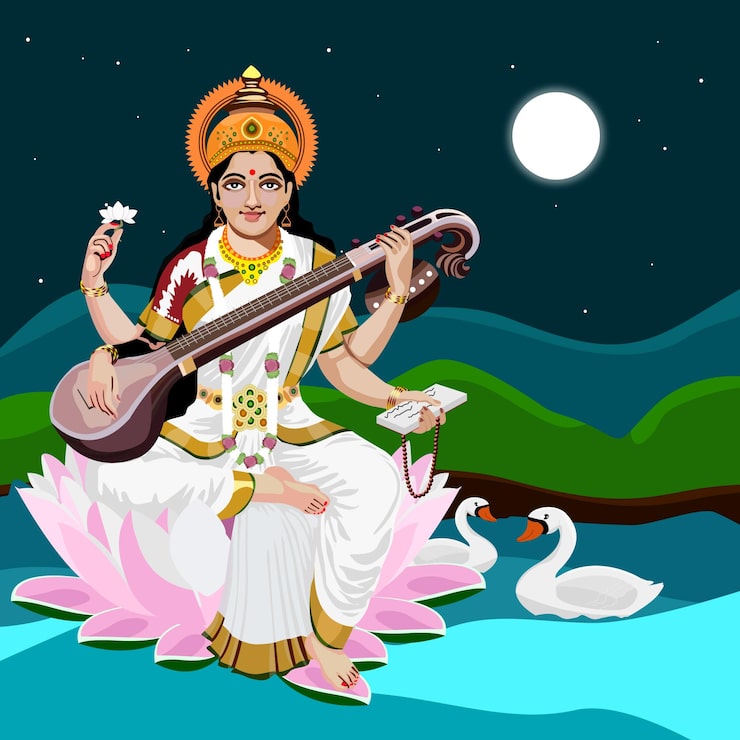 Vettore divina saraswati dea della conoscenza, della musica e delle arti