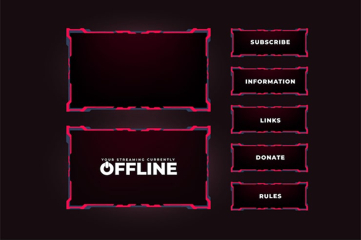 Vettore frame di trasmissione di gioco dal vivo con forme digitali per i giocatori design del pannello di sovrapposizione in streaming scuro con bordi di colore rosso vettore di design dello schermo di gioco futuristico per streamer online