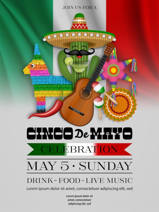 Vettore poster del cinco de mayo con un cactus divertente con un sombrero e una chitarra