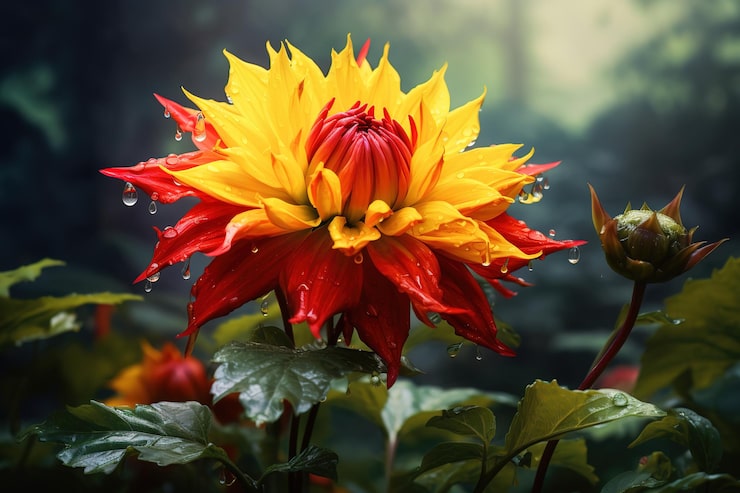 Vettore un fiore giallo e rosso con il sole che splende attraverso di esso