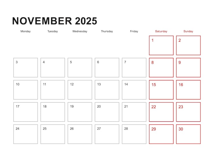 Vettore wall planner per novembre 2025 in lingua inglese settimana inizia lunedì