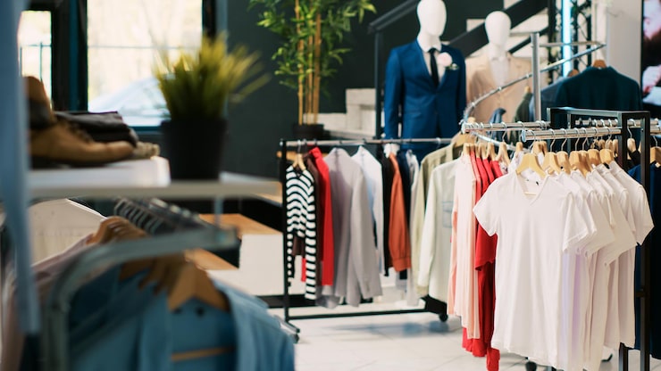Gratis Foto interieur van kledingwinkel met stijlvolle koopwaar op rekken, modieus merkontwerp en vrijetijdskleding in moderne boetiek. lege modeshowroom in winkelcentrum met elegante koopwaar.