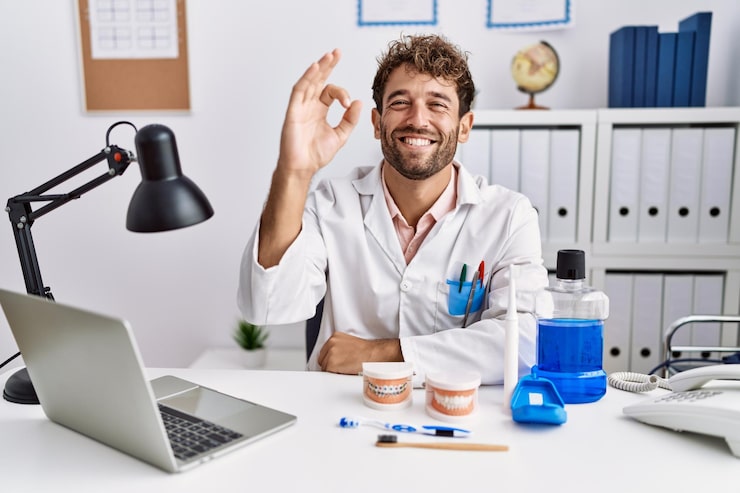 Gratis Foto jonge spaanse tandarts man aan het werk in de medische kliniek glimlachend positief doen ok teken met hand en vingers succesvolle uitdrukking
