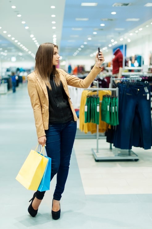 Gratis Foto jonge vrouw met boodschappentassen en mobiele telefoon