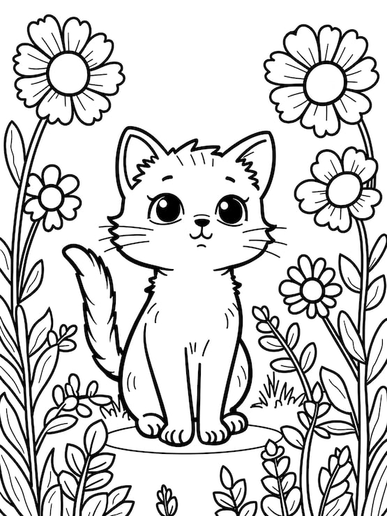 Kleurplaat met schattige kitten en bloemen