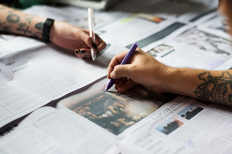 Gratis Foto mensenhanden die het werk van de krant controleren