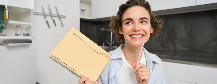 Gratis Foto portret van een jonge creatieve vrouw die haar notitieboekje vasthoudt en glimlacht, maakt aantekeningen in haar dagboek