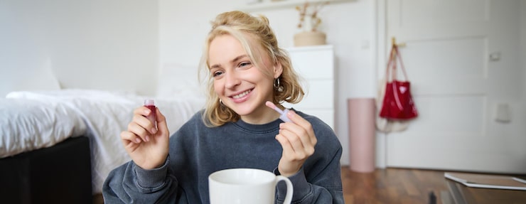 Gratis Foto portret van glimlachende charismatische vrouw die lipgloss draagt, thee drinkt en video opneemt met een digitale camera