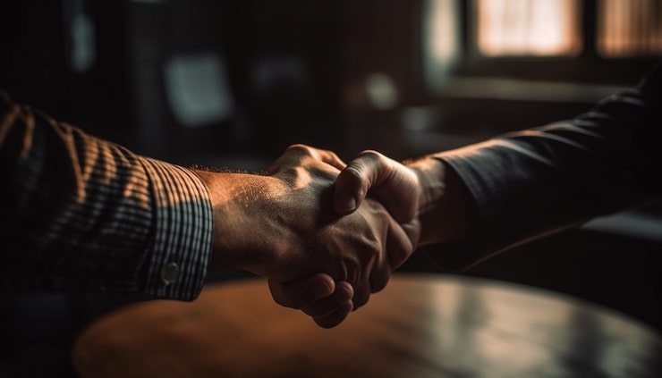 Gratis Foto succesvolle zakelijke handdruk tussen twee professionele volwassenen gegenereerd door ai