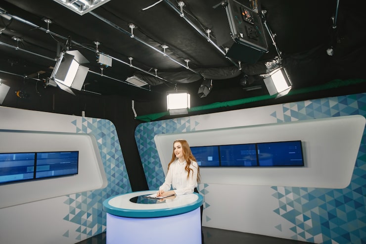 Gratis Foto tv aanwezig in studio die zich voorbereidt op nieuwe uitzendingen. glimlachend meisje in wit overhemd aan tafel zitten.