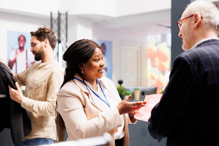 Gratis Foto vriendelijk lachende afro-amerikaanse vrouw winkelverkoopassistent die senior man klant black friday-winkelregels in kledingwinkel uitlegt. detailhandelmedewerker die een verkoopflyer vasthoudt en met de klant praat
