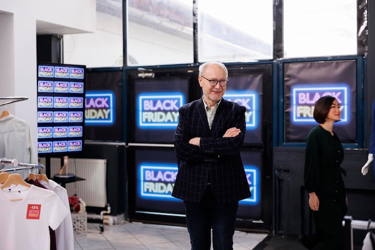 Gratis Foto vriendelijke senior winkelier in een formeel pak staat in een kledingwinkel tegen black friday neonbanners, glimlachende man begroet en nodigt klanten uit om kleding te kopen tijdens seizoensgebonden verkopen