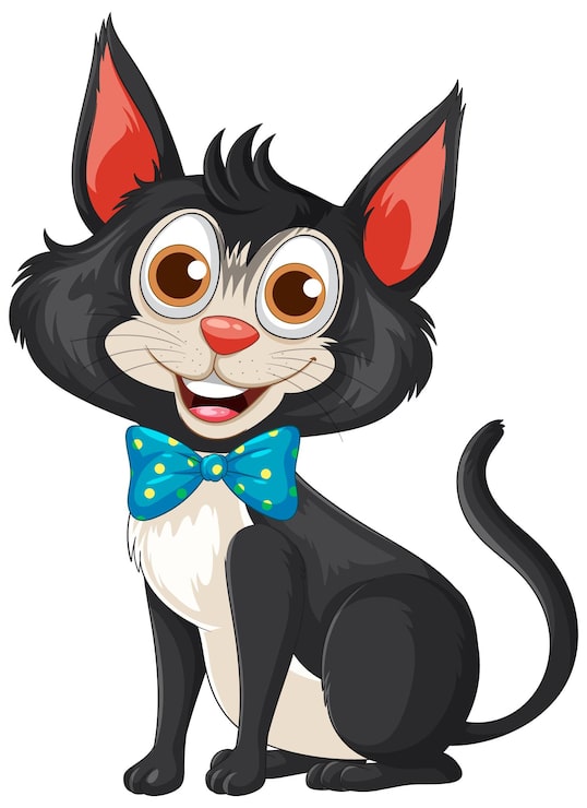 Gratis Vector charmante cartoon kat met blauwe polka dot bowtie