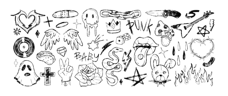 Gratis Vector handgetekende doodle crayon rock n roll muziek iconen of krijt potlood y2k tattoo stickers