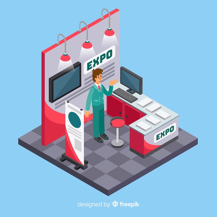 Gratis Vector isometrische stand tentoonstelling ontwerp