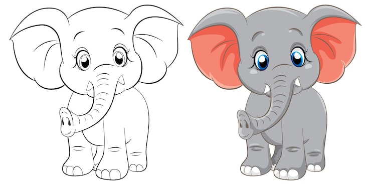 Gratis Vector kleurplaatoverzicht van schattige olifant