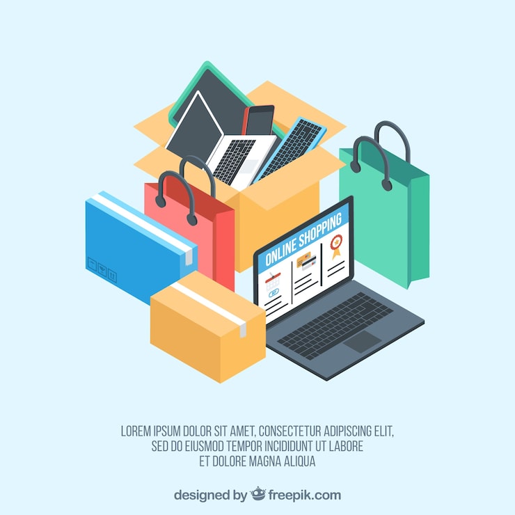 Gratis Vector laptop en isometrische online winkelartikelen
