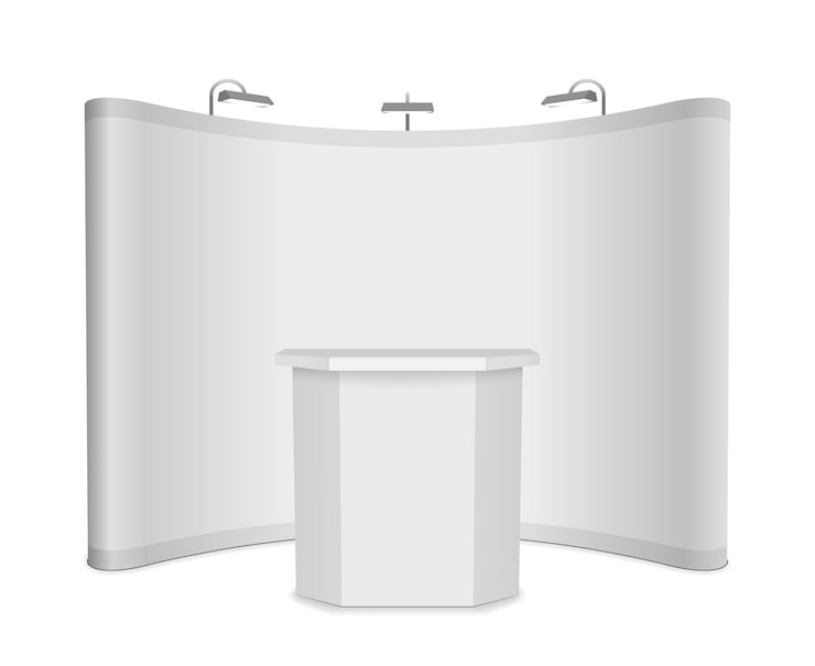Gratis Vector lege beursstand met banner en tafel op witte achtergrond.
