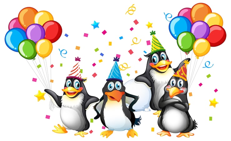 Pinguïns groep in partij thema stripfiguur op wit