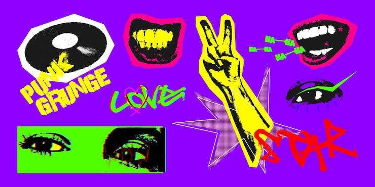 Gratis Vector retro halftooncollage y2k grunge muziek kunst