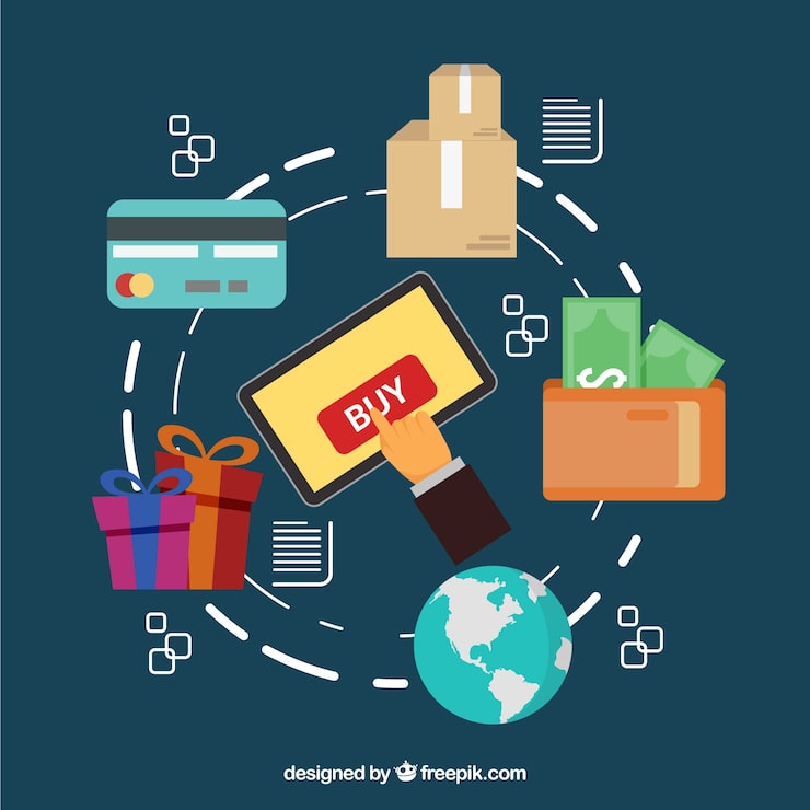 Gratis Vector tablet, wereldbol, creditcard en dozen