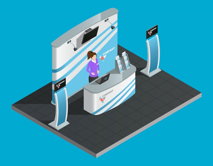 Gratis Vector tentoonstellingstribune isometrisch met vrouwenpromoter