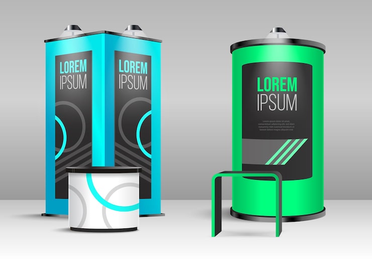 Gratis Vector twee realistische tentoonstellingsstand sjablonen in felblauwe en groene kleuren met gloeiende lampen vector illustratie