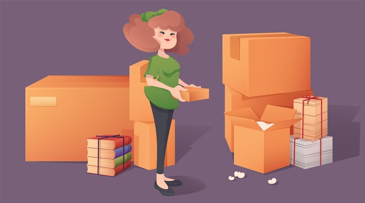 Gratis Vector vrouw met huishoudelijke spullen in de doos verplaats opslag icoon