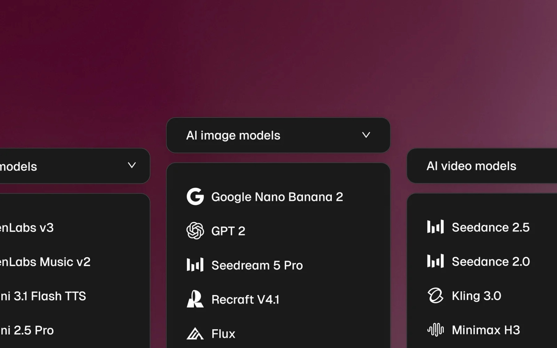 Every AI model for image, video, audio and 3D in one workspace